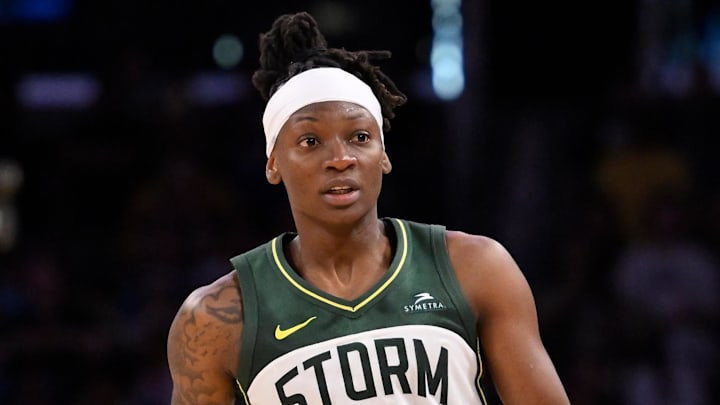 Aug 10, 2025; Los Angeles, California, USA; Seattle Storm guard Erica Wheeler (17) during a WNBA gamete against the Los Angeles Sparks at Crypto.com Arena. Mandatory Credit: Robert Hanashiro-Imagn Images