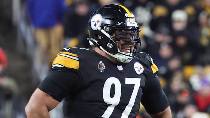 Nov 30, 2025; Pittsburgh, Pennsylvania, USA;  Pittsburgh Steelers defensive tackle Cameron Heyward (97) looks on during the second quarter against the Buffalo Bills at Acrisure Stadium. Mandatory Credit: Charles LeClaire-Imagn Images