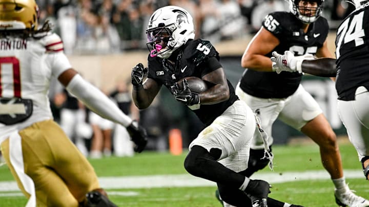 Michigan State's Makhi Frazier runs for a gain against Boston College during the second quarter on Saturday, Sept. 6, 2025, at Spartan Stadium in East Lansing.