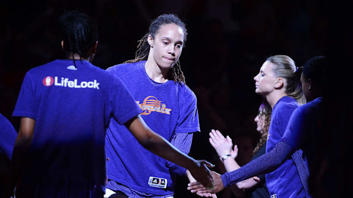 Sep 21, 2013; Phoenix, AZ, USA; Phoenix Mercury center Brittney Griner (42) is announced prior to Game 2 of a WNBA basketball Western Conference semifinal series against the Los Angeles Sparks at US Airways Center. The Sparks defeated the Mercury 82-73. Mandatory Credit: Jennifer Stewart-Imagn Images