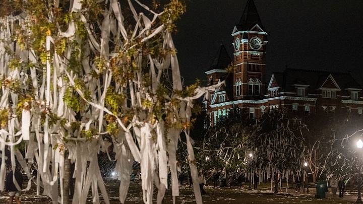 Fans roll the oaks trees at Toomer's Corner on the campus of Auburn University in Auburn, Ala., on Saturday, Nov. 12, 2022.