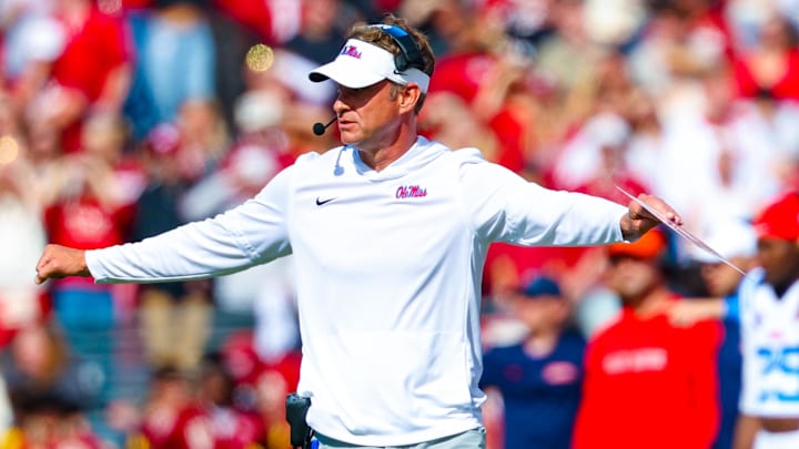 Oct 25, 2025; Norman, Oklahoma, USA; Ole Miss Rebels head coach Lane Kiffin reacts during the second half against the Oklahoma Sooners at Gaylord Family-Oklahoma Memorial Stadium. Mandatory Credit: Kevin Jairaj-Imagn Images Oct 25, 2025; Norman, Oklahoma, USA; Ole Miss Rebels head coach Lane Kiffin reacts during the second half against the Oklahoma Sooners at Gaylord Family-Oklahoma Memorial Stadium. Mandatory Credit: Kevin Jairaj-Imagn Images