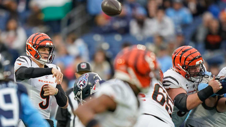 Cincinnati Bengals quarterback Joe Burrow (9) passes against the Titans during the second quarter at Nissan Stadium in Nashville, Tenn., Sunday, Dec. 15, 2024.