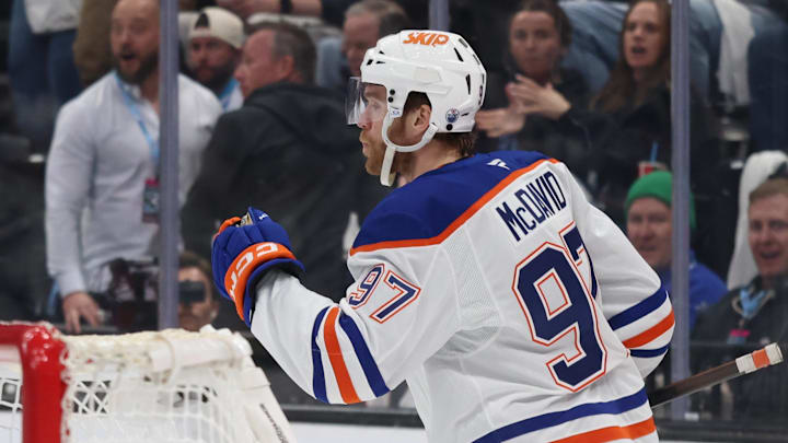 Mar 24, 2026; Salt Lake City, Utah, USA; Edmonton Oilers center Connor McDavid (97) celebrates a goal against the Utah Mammoth during the second period at Delta Center. Mandatory Credit: Rob Gray-Imagn Images