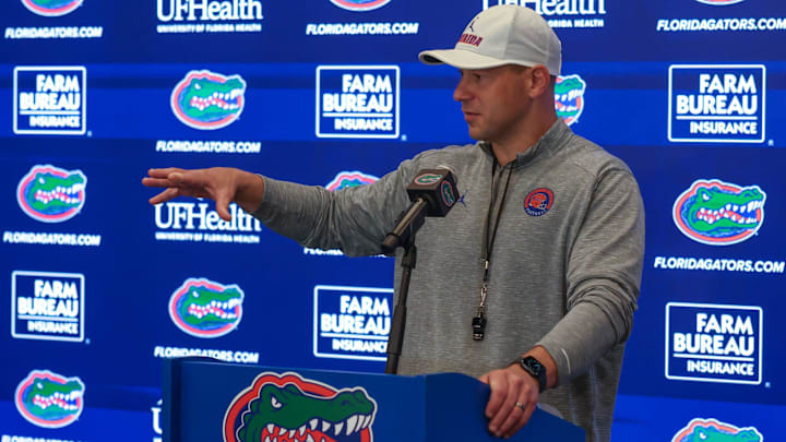 Florida head coach Jon Sumrall speaks during a press conference after the first day of Florida Spring football practice at Heavener Football Center in Gainesville, FL on Tuesday, March 3, 2026.