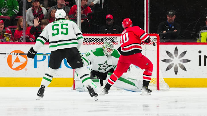 Feb 24, 2024; Raleigh, North Carolina, USA;  Carolina Hurricanes center Sebastian Aho (20) scores a
