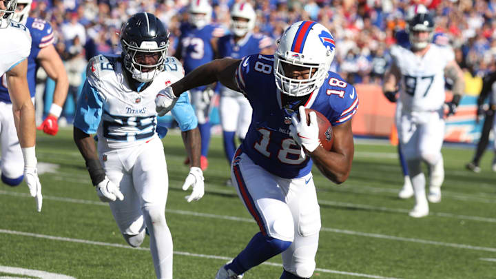 Bills Amari Cooper runs towards the end zone with the ball during second half action at Highmark Stadium in Orchard Park on Oct. 20, 2024.