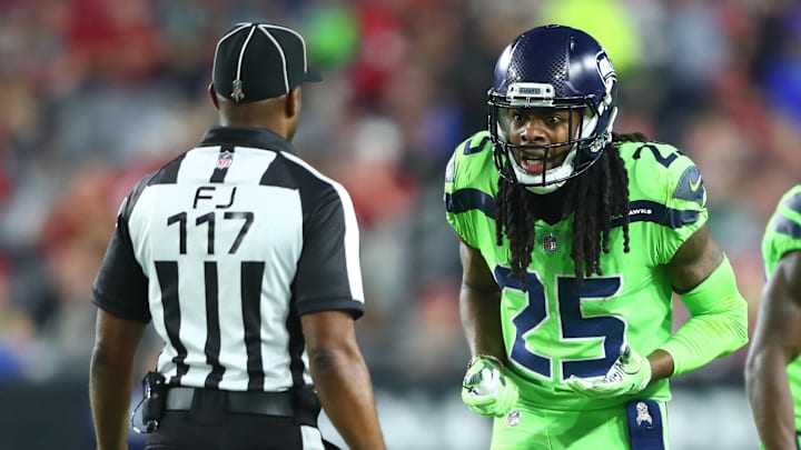 Nov 9, 2017; Glendale, AZ, USA; Seattle Seahawks cornerback Richard Sherman reacts after a penalty call in the second half against the Arizona Cardinals at University of Phoenix Stadium. Nov 9, 2017; Glendale, AZ, USA; Seattle Seahawks cornerback Richard Sherman reacts after a penalty call in the second half against the Arizona Cardinals at University of Phoenix Stadium.