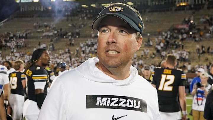 Sep 7, 2024; Columbia, Missouri, USA; Missouri Tigers head coach Eli Drinkwitz on field after the win over the Buffalo Bulls at Faurot Field at Memorial Stadium. Mandatory Credit: Denny Medley-Imagn Images Sep 7, 2024; Columbia, Missouri, USA; Missouri Tigers head coach Eli Drinkwitz on field after the win over the Buffalo Bulls at Faurot Field at Memorial Stadium. Mandatory Credit: Denny Medley-Imagn Images