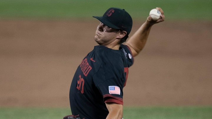Stanford pitcher Brendan Beck (20) throws a pitch in the ninth inning against Vanderbilt during game