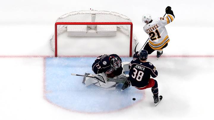 Apr 12, 2026; Columbus, Ohio, USA; Columbus Blue Jackets goalie Jet Greaves (73) makes a save on the shot from Boston Bruins center Alex Steeves (21) during the second period at Nationwide Arena. Mandatory Credit: Russell LaBounty-Imagn Images Apr 12, 2026; Columbus, Ohio, USA; Columbus Blue Jackets goalie Jet Greaves (73) makes a save on the shot from Boston Bruins center Alex Steeves (21) during the second period at Nationwide Arena. Mandatory Credit: Russell LaBounty-Imagn Images