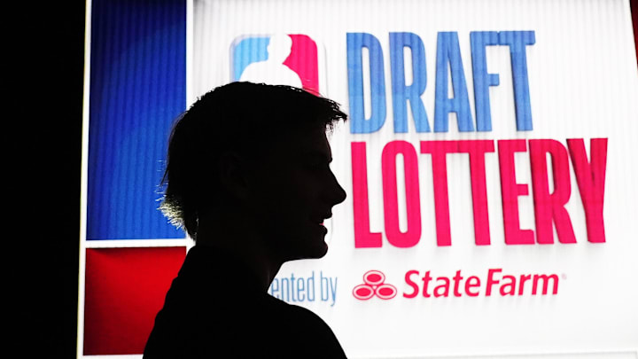 May 12, 2024; Chicago, IL, USA; Kansas’ Johnny Furphy NBA  at the Draft Lottery at McCormick Place West. Mandatory Credit: David Banks-Imagn Images