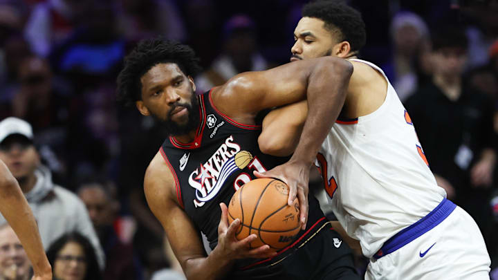Joel Embiid guarded in a previous matchup against the Knicks and Karl-Anthony Towns. 