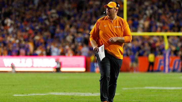 Nov 22, 2025; Gainesville, Florida, USA; Tennessee Volunteers head coach Josh Heupel looks on against the Florida Gators during the first half at Ben Hill Griffin Stadium. Mandatory Credit: Matt Pendleton-Imagn Images Nov 22, 2025; Gainesville, Florida, USA; Tennessee Volunteers head coach Josh Heupel looks on against the Florida Gators during the first half at Ben Hill Griffin Stadium. Mandatory Credit: Matt Pendleton-Imagn Images