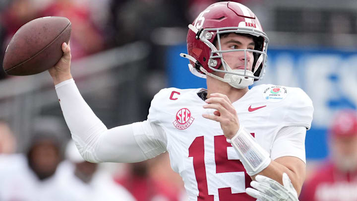 Jan 1, 2026; Pasadena, CA, USA; Alabama Crimson Tide quarterback Ty Simpson (15) passes against the Indiana Hoosiers in the first half of the 2026 Rose Bowl and quarterfinal game of the College Football Playoff at Rose Bowl Stadium. Mandatory Credit: Kirby Lee-Imagn Images
