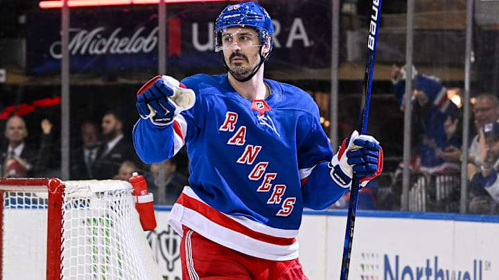 Dec 2, 2024; New York, New York, USA;  New York Rangers left wing Chris Kreider (20) celebrates his goal against the New Jersey Devils during the second period at Madison Square Garden. Mandatory Credit: Dennis Schneidler-Imagn Images