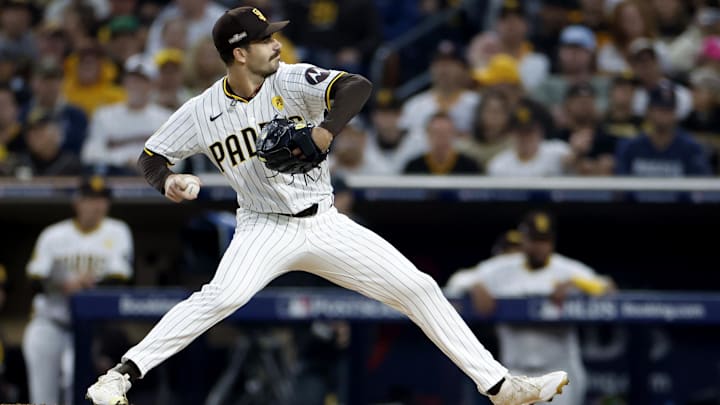 Oct 9, 2024; San Diego, California, USA; San Diego Padres pitcher Dylan Cease (84) throws in the second inning against the Los Angeles Dodgers during game four of the NLDS for the 2024 MLB Playoffs at Petco Park. Mandatory Credit: David Frerker-Imagn Images
