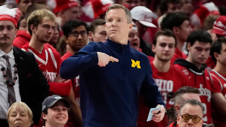Michigan Wolverines head coach Dusty May motions during the second half of the NCAA men's basketball game against the Ohio State Buckeyes at the Schottenstein Center.