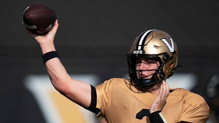 Vanderbilt University freshman quarterback Jared Curtis (2) throws in practice at Vanderbilt University’s McGugin Center practice fields Tuesday, March 31, 2026.