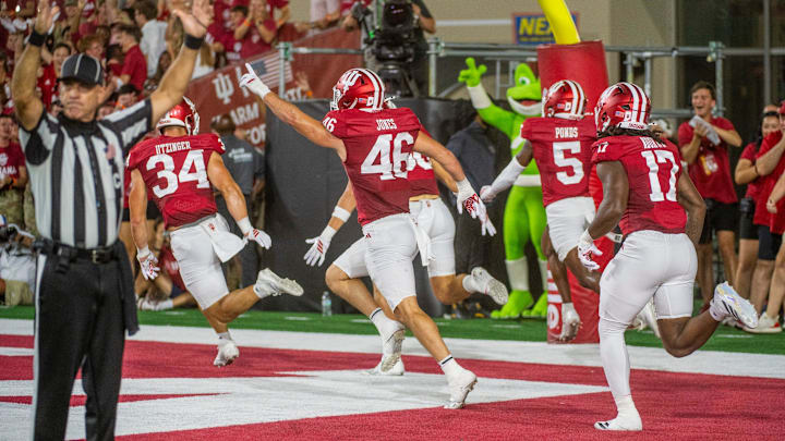 Indiana's Isaiah Jones (46) and the Hoosiers celebrate D'Angelo Ponds (5) touchdownn during the Indiana versus Illinois football game at Memorial Stadium on Saturday, Sept. 20, 2025