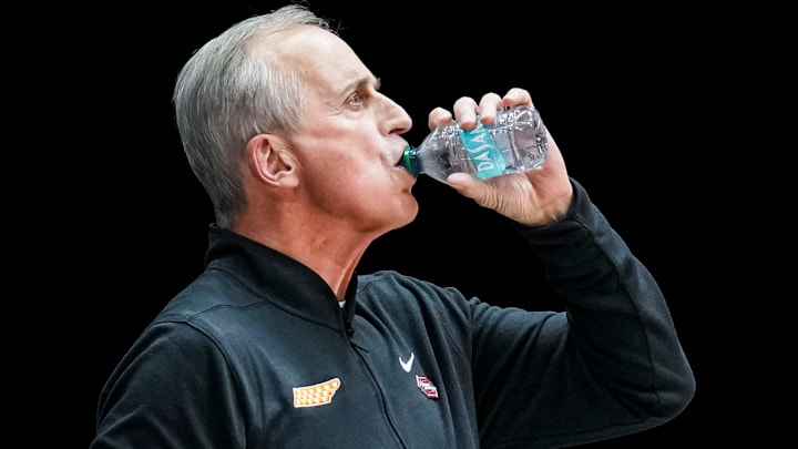Tennessee Volunteers head coach Rick Barnes takes a drink of water Friday, March 28, 2025, during the NCAA Tournament Sweet 16 game at Lucas Oil Stadium in Indianapolis. Tennessee Volunteers head coach Rick Barnes takes a drink of water Friday, March 28, 2025, during the NCAA Tournament Sweet 16 game at Lucas Oil Stadium in Indianapolis.