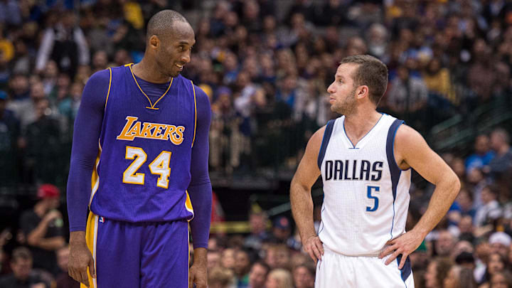 Nov 13, 2015; Dallas, TX, USA; Los Angeles Lakers forward Kobe Bryant (24) and Dallas Mavericks guard J.J. Barea (5) during the game at the American Airlines Center. The Mavericks defeat the Lakers 90-82. Mandatory Credit: Jerome Miron-Imagn Images Nov 13, 2015; Dallas, TX, USA; Los Angeles Lakers forward Kobe Bryant (24) and Dallas Mavericks guard J.J. Barea (5) during the game at the American Airlines Center. The Mavericks defeat the Lakers 90-82. Mandatory Credit: Jerome Miron-Imagn Images