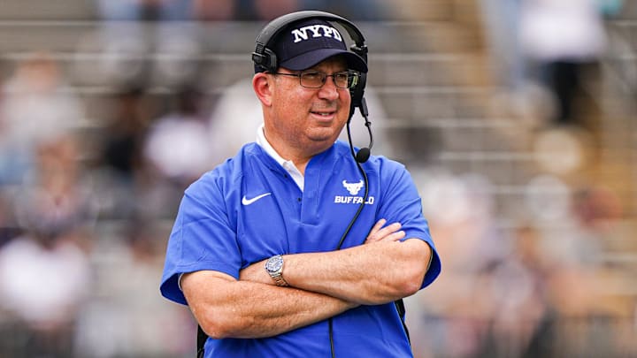 Sep 28, 2024; East Hartford, Connecticut, USA; Buffalo Bulls head coach Pete Lembo watches from the sideline as they take on the Connecticut Huskies at Rentschler Field at Pratt & Whitney Stadium. Mandatory Credit: David Butler II-Imagn Images