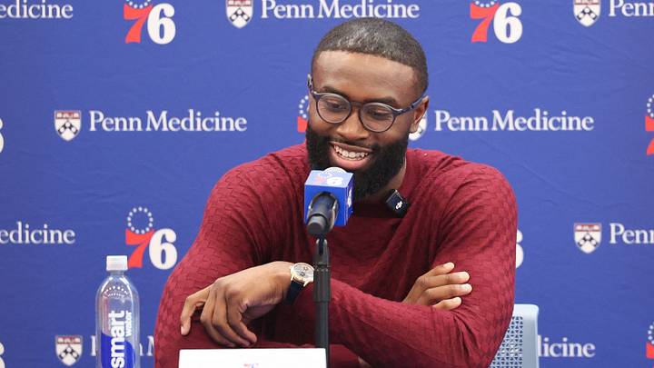 Aug 6, 2026; Camden, NJ, USA; Philadelphia 76ers guard Jaylen Brown speaks with the media during his introductory press conference at the Francis J. Myers Recreation Center. Mandatory Credit: Bill Streicher-Imagn Images Aug 6, 2026; Camden, NJ, USA; Philadelphia 76ers guard Jaylen Brown speaks with the media during his introductory press conference at the Francis J. Myers Recreation Center. Mandatory Credit: Bill Streicher-Imagn Images