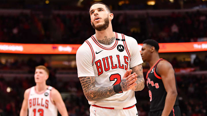 Feb 28, 2025; Chicago, Illinois, USA; Chicago Bulls guard Lonzo Ball (2) reacts during a game against the Toronto Raptors at the United Center. Mandatory Credit: Patrick Gorski-Imagn Images Feb 28, 2025; Chicago, Illinois, USA; Chicago Bulls guard Lonzo Ball (2) reacts during a game against the Toronto Raptors at the United Center. Mandatory Credit: Patrick Gorski-Imagn Images