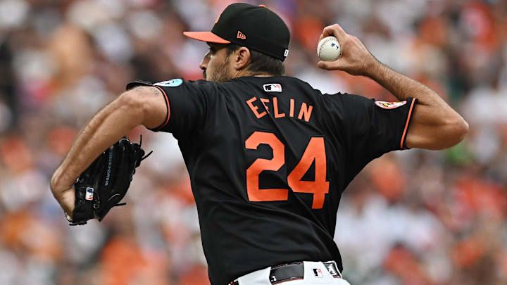 Oct 2, 2024; Baltimore, Maryland, USA; Baltimore Orioles pitcher Zach Eflin (24) throws against the Kansas City Royals in the first inning in game two of the Wild Card round for the 2024 MLB Playoffs at Oriole Park at Camden Yards. Oct 2, 2024; Baltimore, Maryland, USA; Baltimore Orioles pitcher Zach Eflin (24) throws against the Kansas City Royals in the first inning in game two of the Wild Card round for the 2024 MLB Playoffs at Oriole Park at Camden Yards.