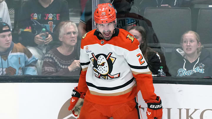 Oct 11, 2025; San Jose, California, USA; Anaheim Ducks left wing Chris Kreider (20) reacts after scoring a goal against the San Jose Sharks during the third period at SAP Center at San Jose. Mandatory Credit: Darren Yamashita-Imagn Images