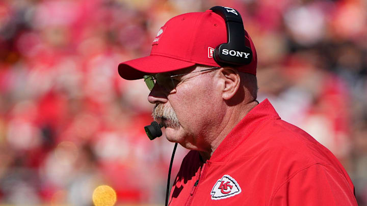 Oct 19, 2025; Kansas City, Missouri, USA; Kansas City Chiefs head coach Andy Reid looks on during the third quarter of the game against the Las Vegas Raiders at GEHA Field at Arrowhead Stadium. Mandatory Credit: Denny Medley-Imagn Images Oct 19, 2025; Kansas City, Missouri, USA; Kansas City Chiefs head coach Andy Reid looks on during the third quarter of the game against the Las Vegas Raiders at GEHA Field at Arrowhead Stadium. Mandatory Credit: Denny Medley-Imagn Images