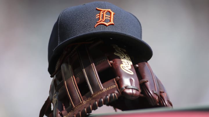 Jun 1, 2019; Atlanta, GA, USA; Detroit Tigers hat and glove are seen in the dugout before a game against the Atlanta Braves at SunTrust Park.