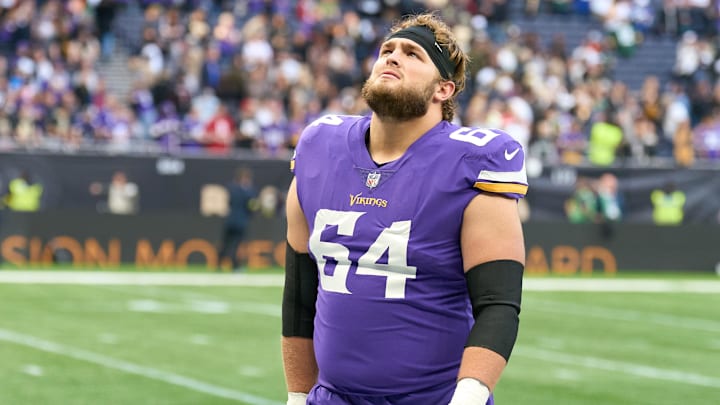 Oct 2, 2022;  London, United Kingdom;  Minnesota Vikings offensive tackle Blake Brandel (64) during the NFL International Series game at Tottenham Hotspur Stadium. Mandatory Credit: Peter van den Berg-Imagn Images
