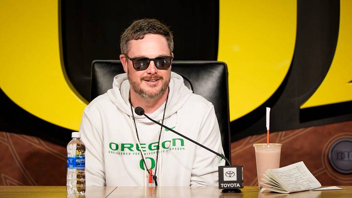 Oregon head coach Dan Lanning speaks from the podium at the Hatfield-Dowlin Complex on the first day of spring practice for the Oregon Ducks on March 12, 2026, in Eugene, Oregon.