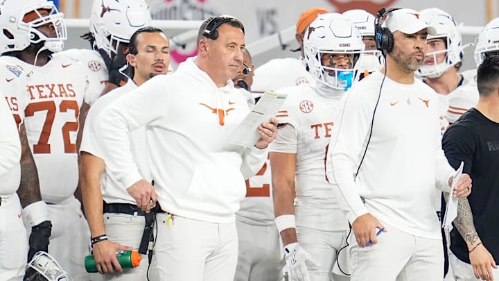 Texas Longhorns head coach Steve Sarkisian watches from the sideline during the first half of the Cotton Bowl Classic College Football Playoff semifinal game against the Ohio State Buckeyes at AT&T Stadium in Arlington, Texas on Jan. 10, 2025.