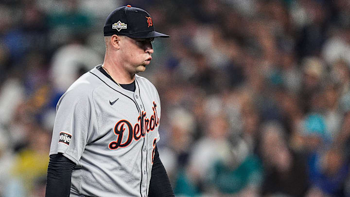 Tigers pitcher Tarik Skubal walks off the field after pitching the first inning against Mariners at ALDS Game 5 at T-Mobile Park in Seattle on Friday, Oct. 10, 2025.