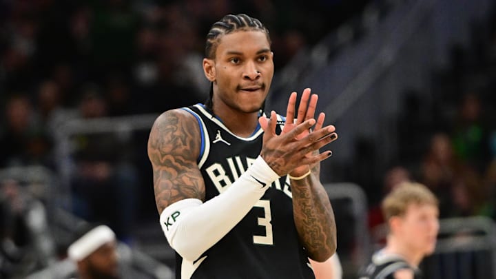 Milwaukee Bucks guard Kevin Porter reacts in the fourth quarter against the New Orleans Pelicans at Fiserv Forum on April 10.
