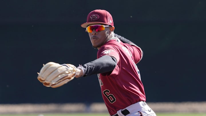 Diamondbacks minor league infielder Manuel Pena throws during a select training camp at Salt River Fields on Feb. 21, 2022.
Baseball Diamondbacks Select Minor League Camp Diamondbacks minor league infielder Manuel Pena throws during a select training camp at Salt River Fields on Feb. 21, 2022.
Baseball Diamondbacks Select Minor League Camp