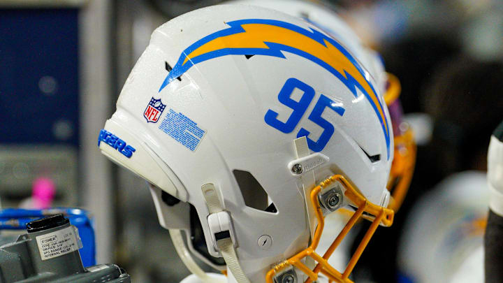 A general view of a Los Angeles Chargers helmet.