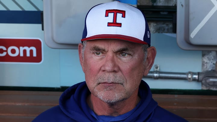 Sep 28, 2024; Anaheim, California, USA; Texas Rangers manager Bruce Bochy (15) sits in the dugout prior to a game against the Los Angeles Angels at Angel Stadium Sep 28, 2024; Anaheim, California, USA; Texas Rangers manager Bruce Bochy (15) sits in the dugout prior to a game against the Los Angeles Angels at Angel Stadium