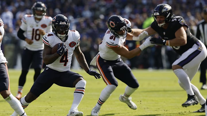 Oct 26, 2025; Baltimore, Maryland, USA; Chicago Bears running back D'Andre Swift (4) carries the ball against the Baltimore Ravens at M&T Bank Stadium. Mandatory Credit: Geoff Burke-Imagn Images