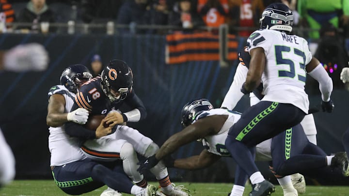 Leonard Williams sacks Caleb Williams in the second quarter Thursday night, one of seven sacks the Bears allowed. Leonard Williams sacks Caleb Williams in the second quarter Thursday night, one of seven sacks the Bears allowed.