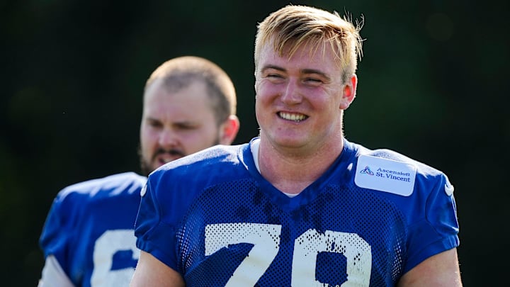 Indianapolis Colts offensive tackle Bernhard Raimann (79) smiles while walking to warm up Saturday, July 27, 2024, during the Indianapolis Colts’ training camp at Grand Park Sports Complex in Westfield. Indianapolis Colts offensive tackle Bernhard Raimann (79) smiles while walking to warm up Saturday, July 27, 2024, during the Indianapolis Colts’ training camp at Grand Park Sports Complex in Westfield.