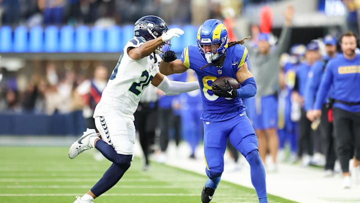 Jan 5, 2025; Inglewood, California, USA;   Loa Angeles Rams Wide Receiver Jordan Whittington (88) breaks free of a tackle and runs down the open field at SoFi Stadium for the Seattle Seahawks at Los Angeles Rams Week 18 matchup. Mandatory Credit: William Navarro-Imagn Images