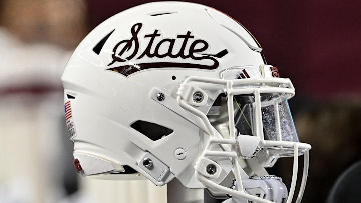 Nov 11, 2023; College Station, Texas, USA; Mississippi State Bulldogs helmet on the sideline during the game against the Texas A&M Aggies at Kyle Field. Mandatory Credit: Maria Lysaker-Imagn Images