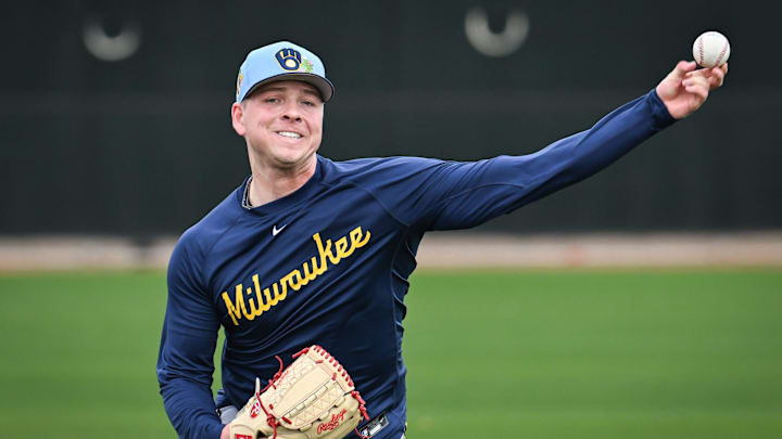 Milwaukee Brewers pitcher Kyle Harrison throws in the outfield during spring training workouts Monday, February 16, 2026, at American Family Fields of Phoenix in Phoenix, Arizona.