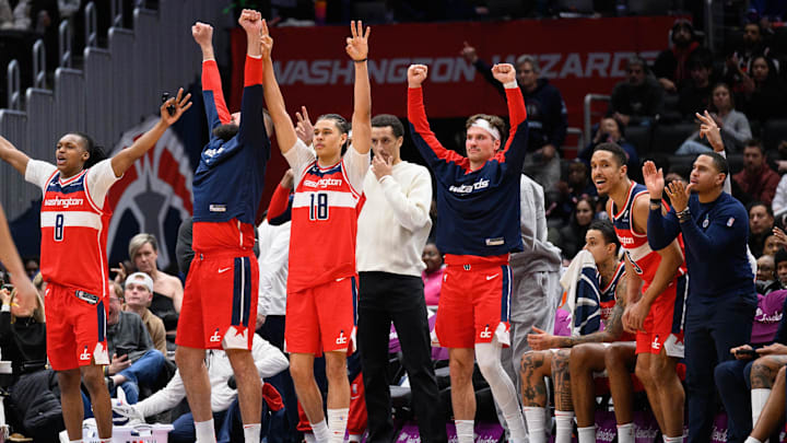 Jan 1, 2025; Washington, District of Columbia, USA; Washington Wizards bench celebrates during the fourth quarter against the Chicago Bulls at Capital One Arena. Mandatory Credit: Reggie Hildred-Imagn Images