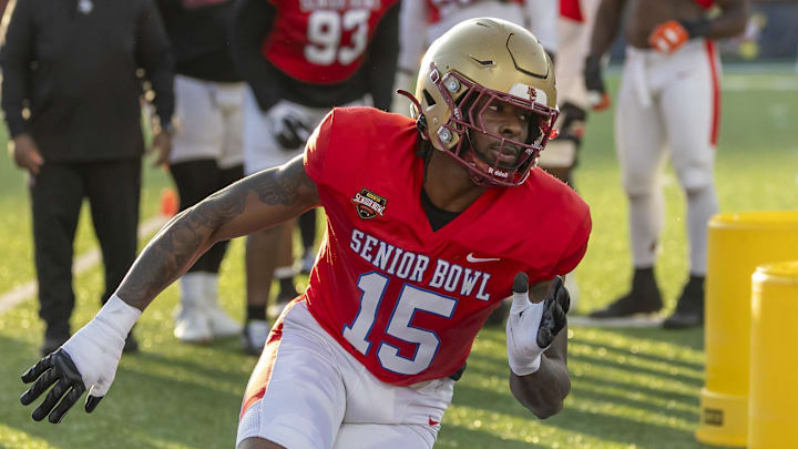 Jan 29, 2026; Mobile, AL, USA; American defensive end Quintayvious Hutchins (15) of Boston College works in a drill during American Senior Bowl practice at Hancock Whitney Stadium. Mandatory Credit: Vasha Hunt-Imagn Images