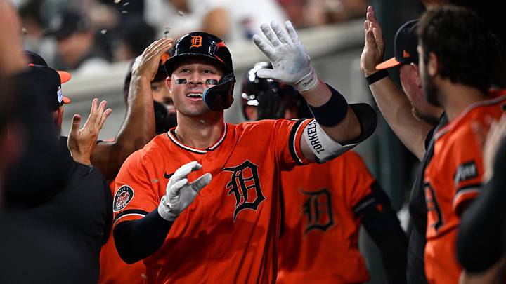 Detroit Tigers first baseman Spencer Torkelson (20) celebrates in the dugout after hitting a two-run home run. Detroit Tigers first baseman Spencer Torkelson (20) celebrates in the dugout after hitting a two-run home run.